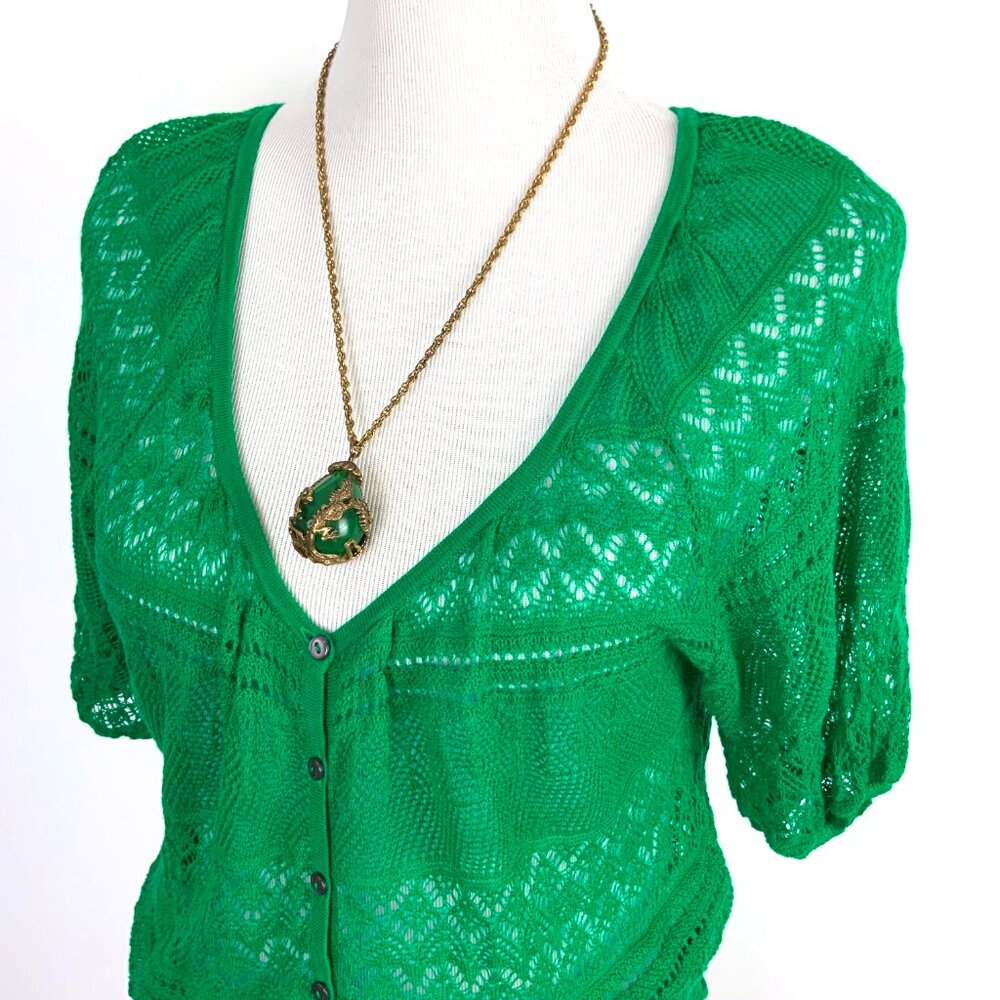 Free People Green Open Knit Short Sleeve Crop Top V-Neck Sz L - Picture 13 of 16